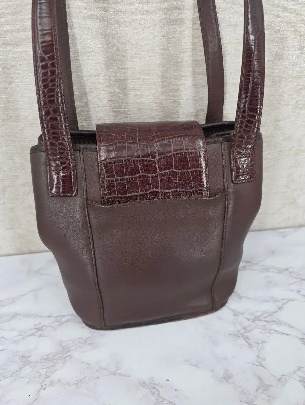 Brighton Vintage Leather Basket Weave Brown Croc-Accent Woven Tote Shoulder Bag